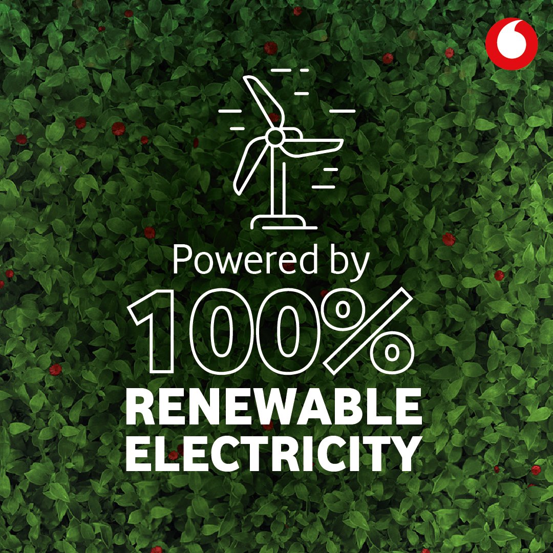 Logo of our powered by 100% renewable electricity with green background and Vodafone logo