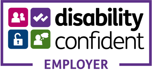 Disability confident employer logo with people, ticks, unlocked lock and people icons