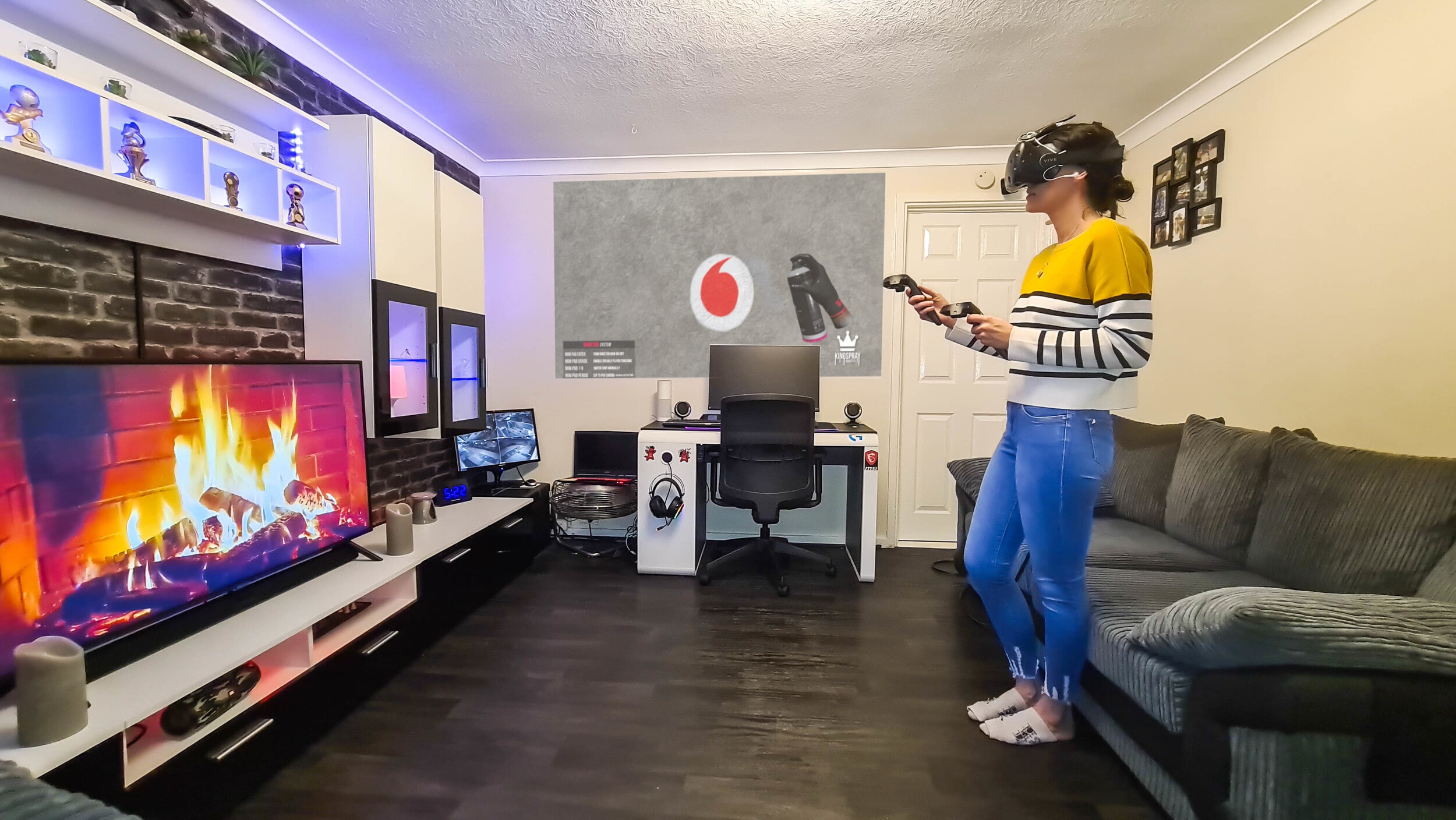 A woman using VR headset in the living room