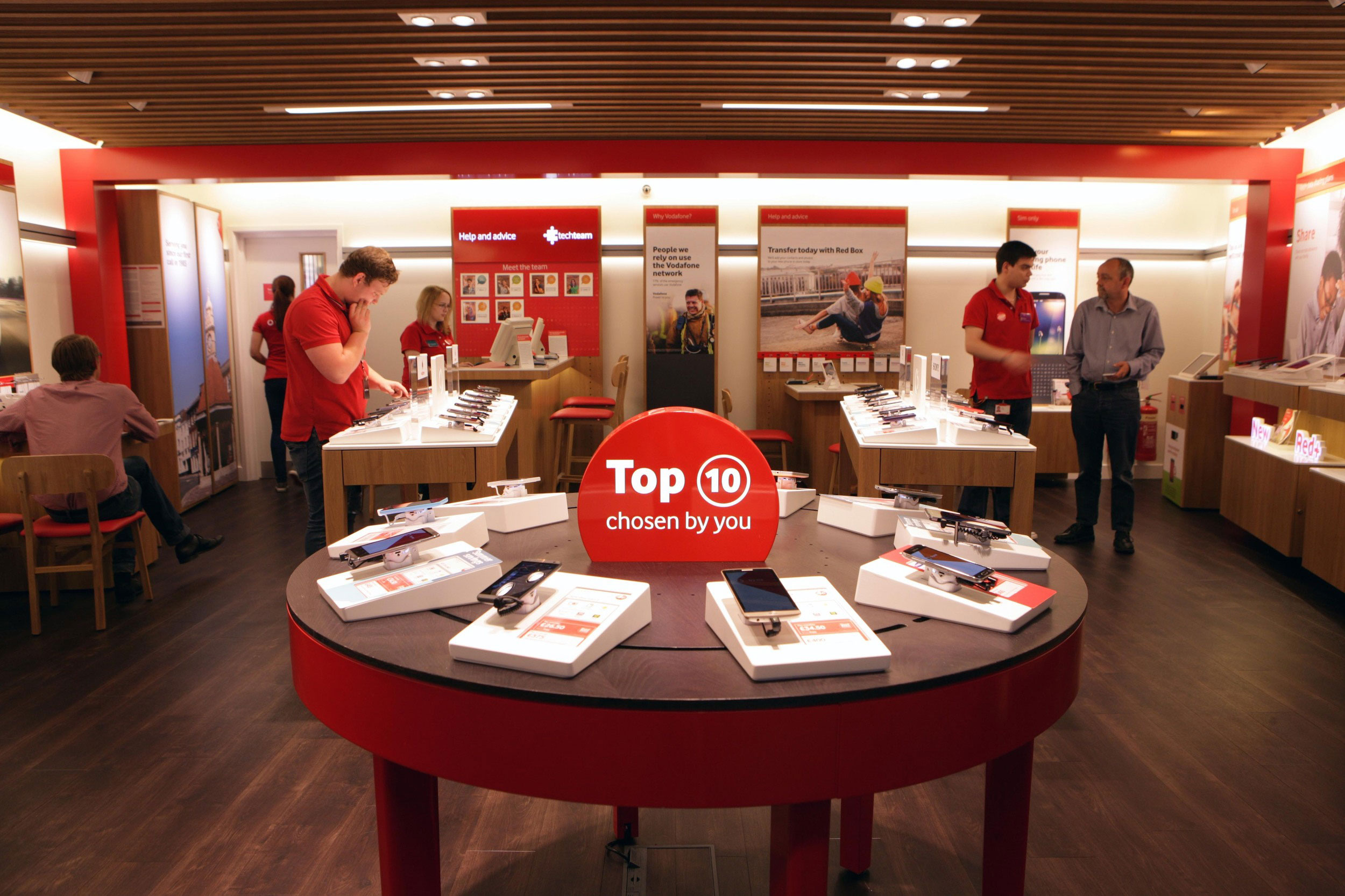 Top 10 phone showcase in a retail store at Vodafone