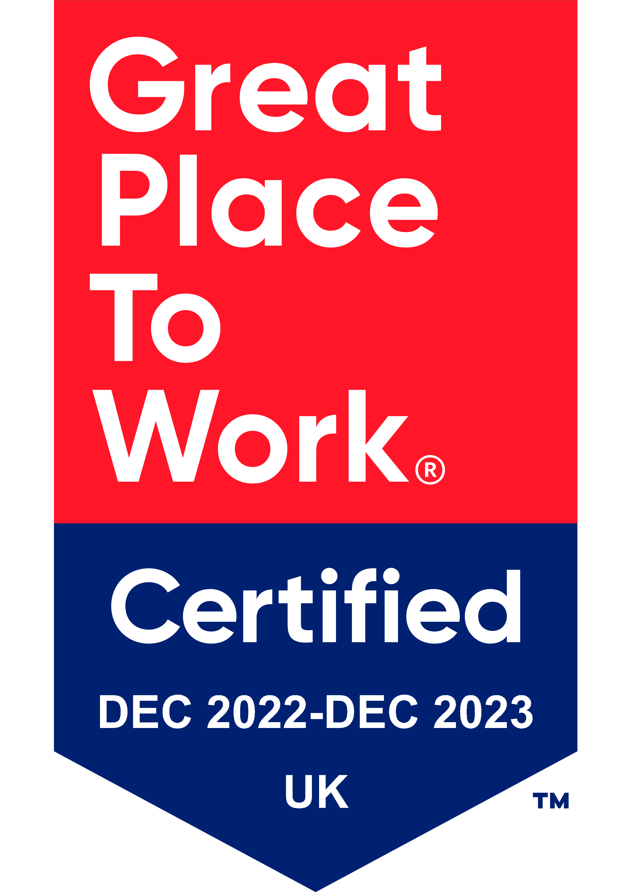 Great Place to Work logo with red and blue background colouring with white writing